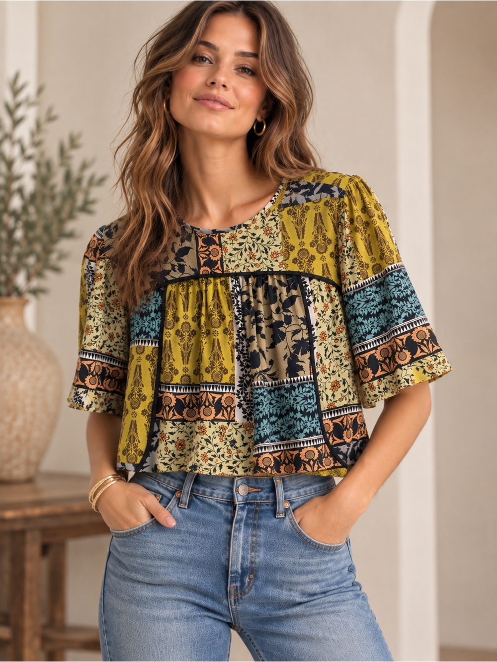 Anthropologie Patchwork Flutter-Sleeve Blouse in Mustard, Teal & Black